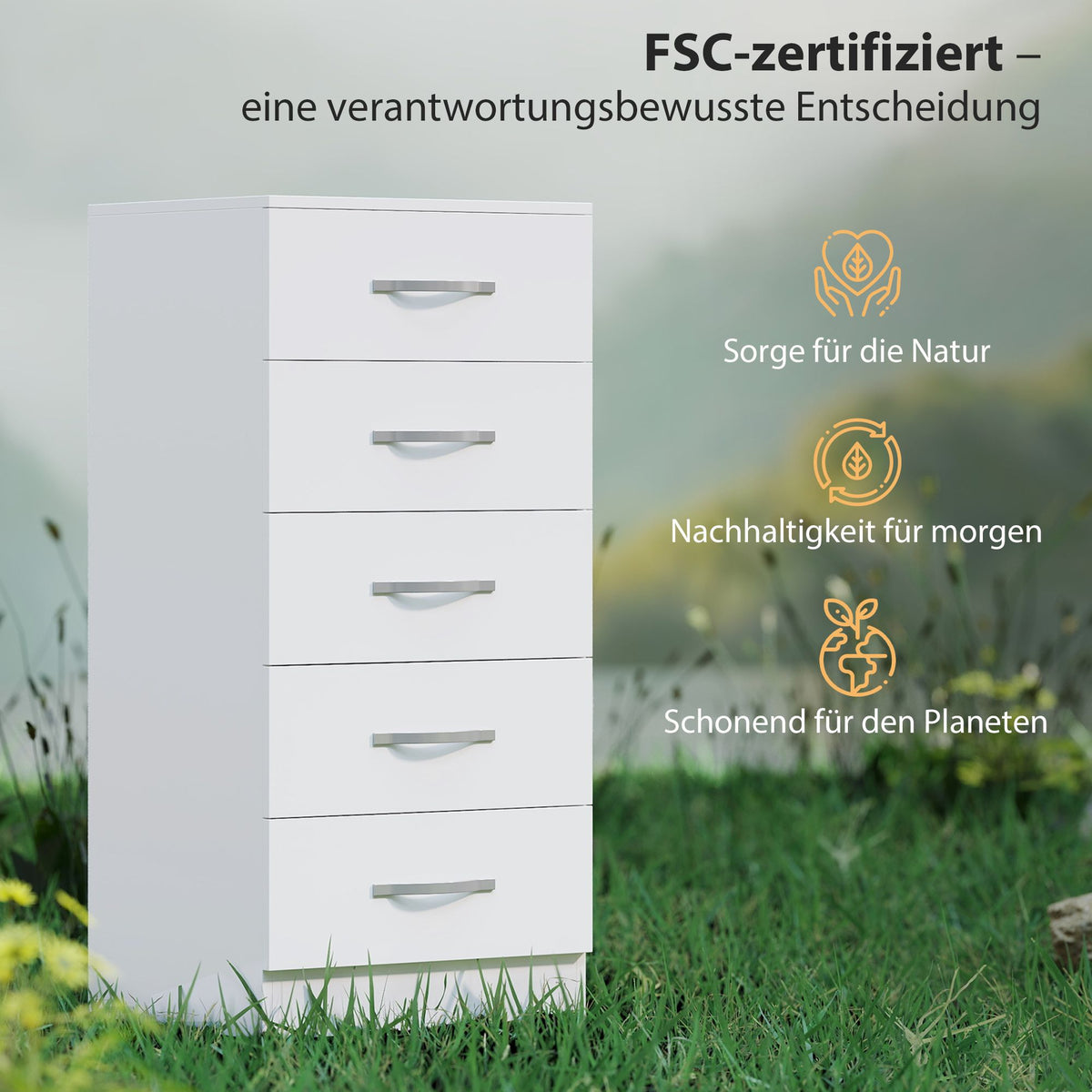 5-Drawer White Dresser, Chipboard, Space-Saving Design