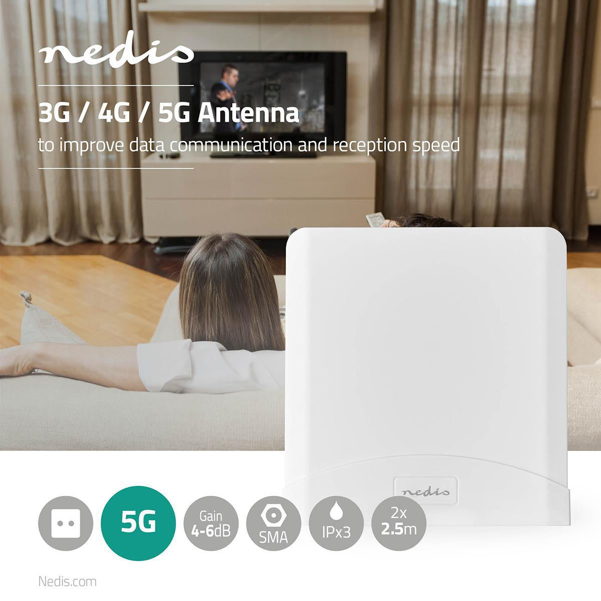 5G / 4G / 3G Antenna | 5G | Indoors or Outdoors | 698-5000 MHz | Gain: 6 dB | 2.50 m | White