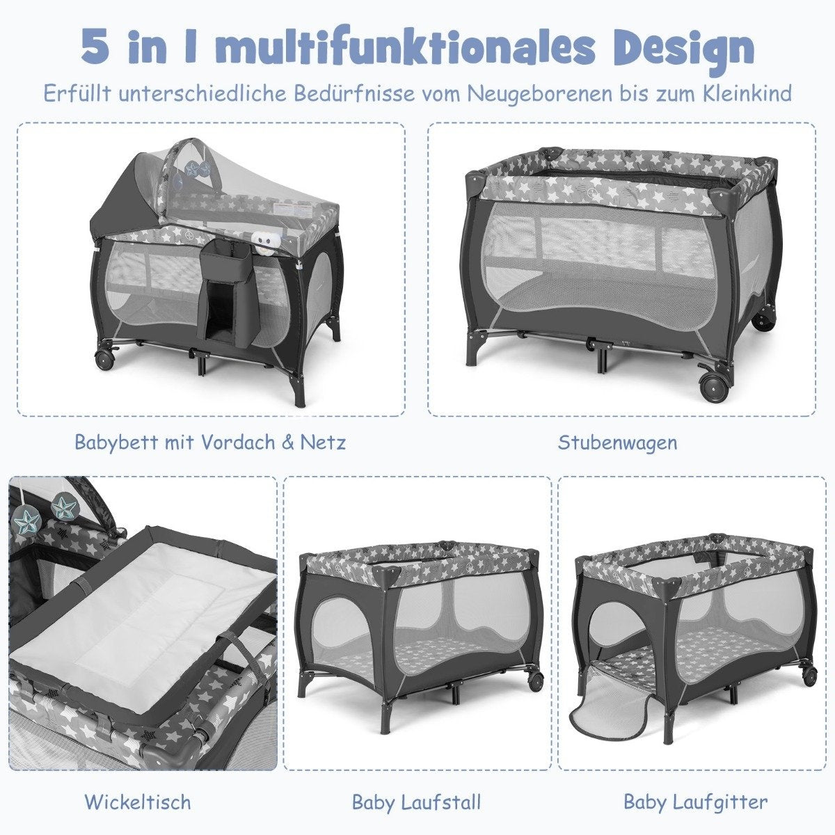 5 IN 1 Baby Bed Portable Side Bed Travel Cot with Foldable Mattress 102 cm x 72 cm x 74 cm Gray