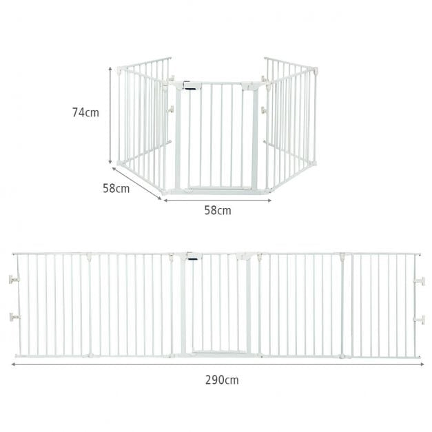 5-Panel Baby Safety Gate, Steel Fireplace Barrier, White