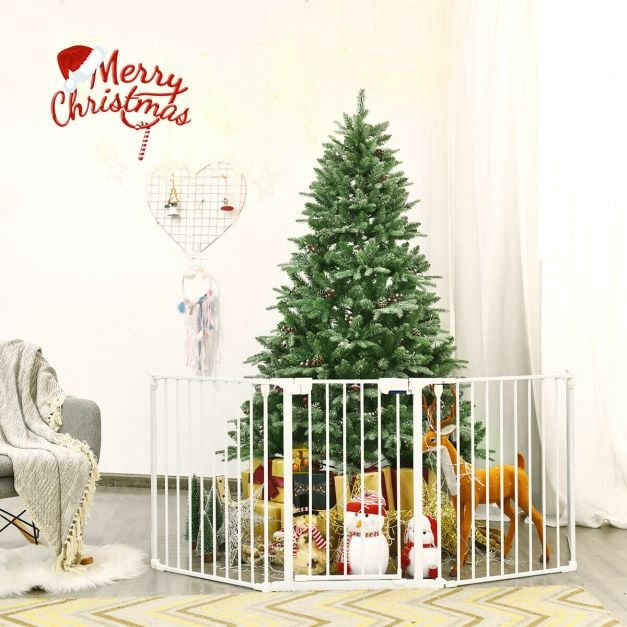 5-Panel Baby Safety Gate, Steel Fireplace Barrier, White