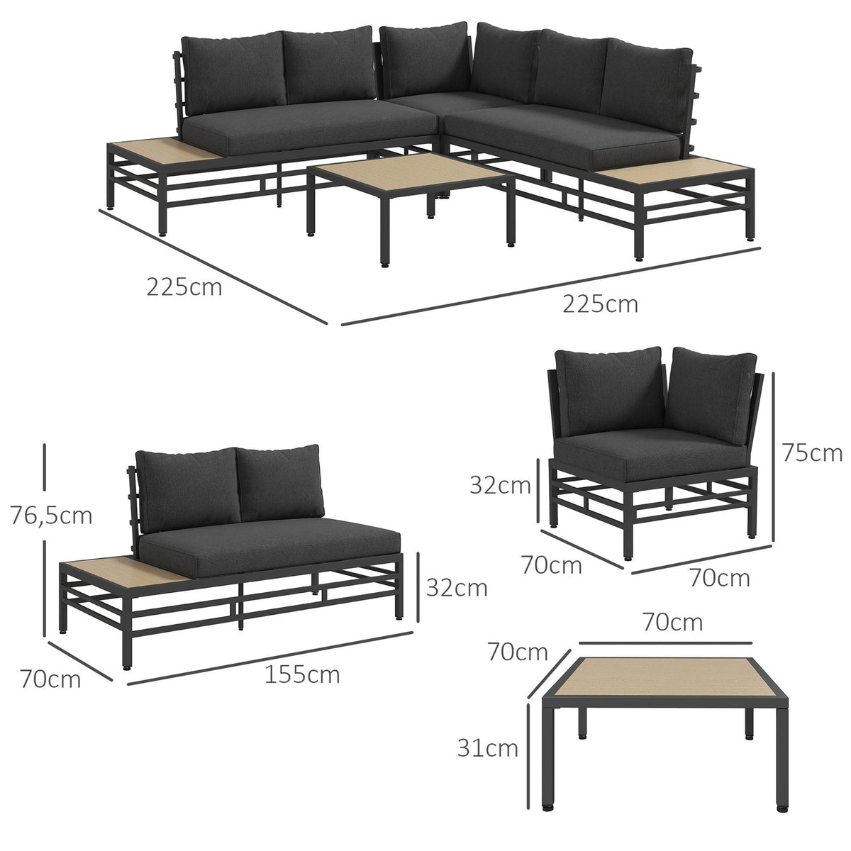 5 Pcs. Garden Lounge Set, Garden Furniture Set, Garden Set With 2 Two-Seater, Coffee Table, Corner Sofa, With Seat Cushion, For Terrace, Balcony, Gray