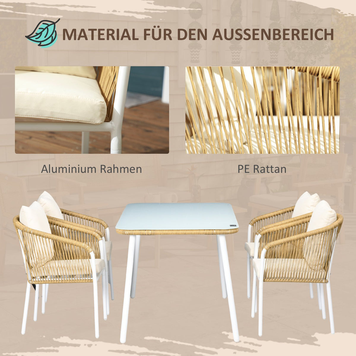 5 Pcs. Polyrattan Garden Furniture Dining Table 4 Chairs Seating Group Tempered Glass Cushions Balcony Terrace Yellow