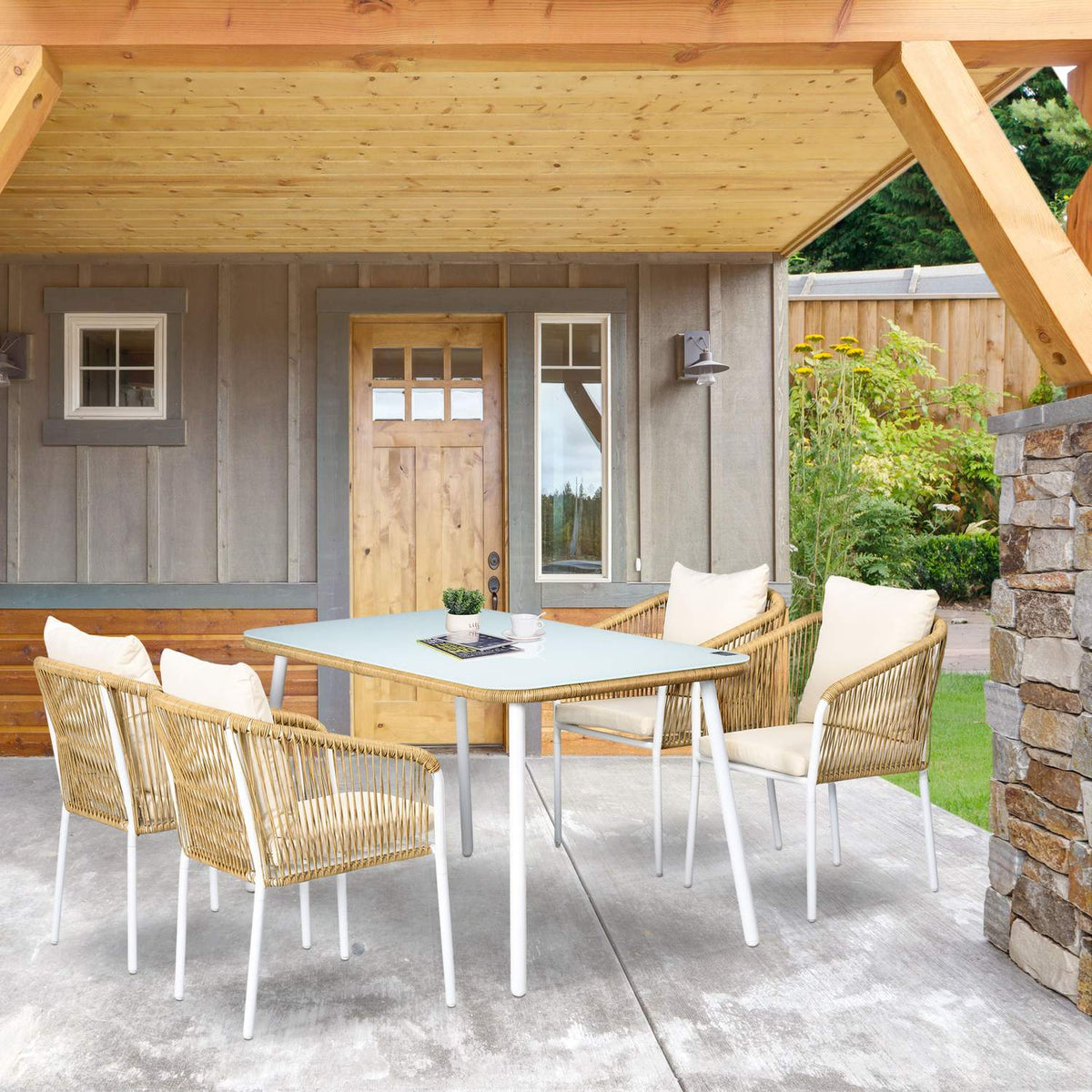 5 Pcs. Polyrattan Garden Furniture Dining Table 4 Chairs Seating Group Tempered Glass Cushions Balcony Terrace Yellow