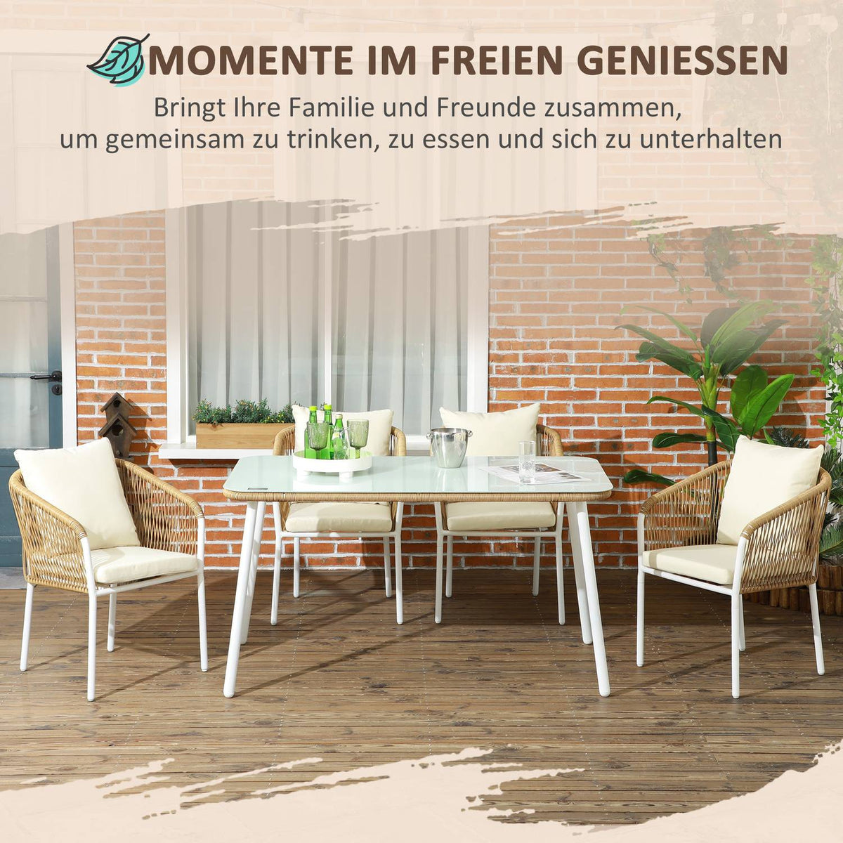 5 Pcs. Polyrattan Garden Furniture Dining Table 4 Chairs Seating Group Tempered Glass Cushions Balcony Terrace Yellow