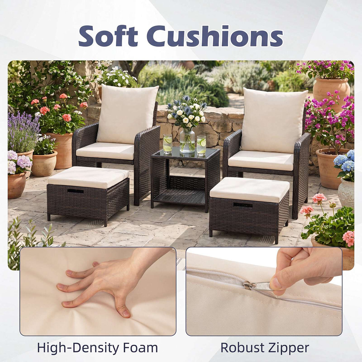 5-Piece Beige Polyrattan Garden Furniture Set with Cushions