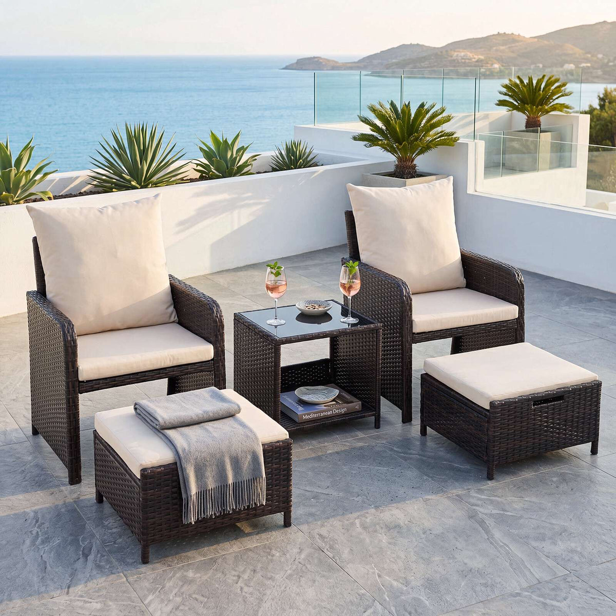 5-Piece Beige Polyrattan Garden Furniture Set with Cushions