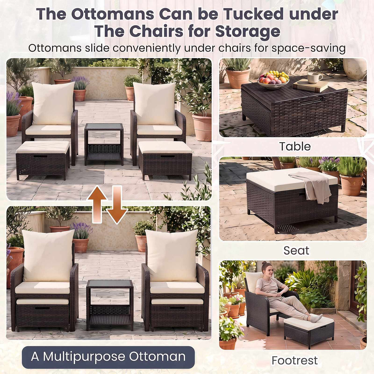 5-Piece Beige Polyrattan Garden Furniture Set with Cushions