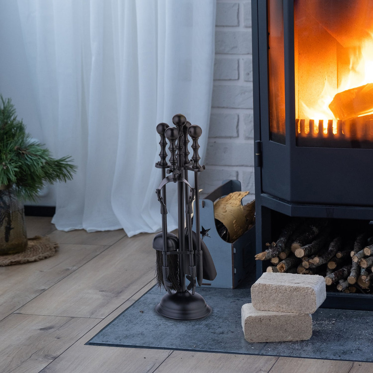 5-Piece Black Metal Fireplace Tool Set
