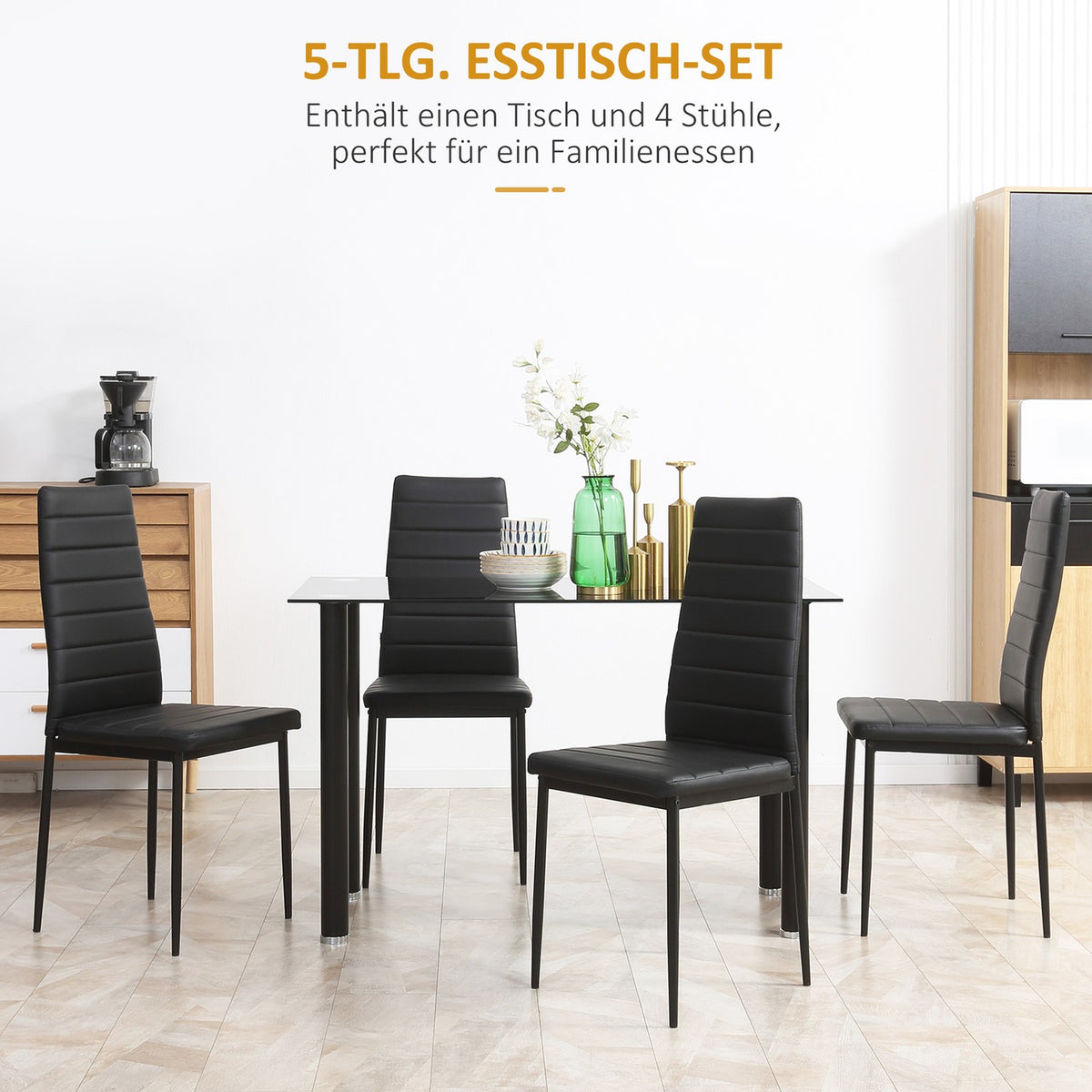 5 Piece Dining Set Dining Table With 4 Chairs & Tempered Glass Top Black Steel For Dining Room