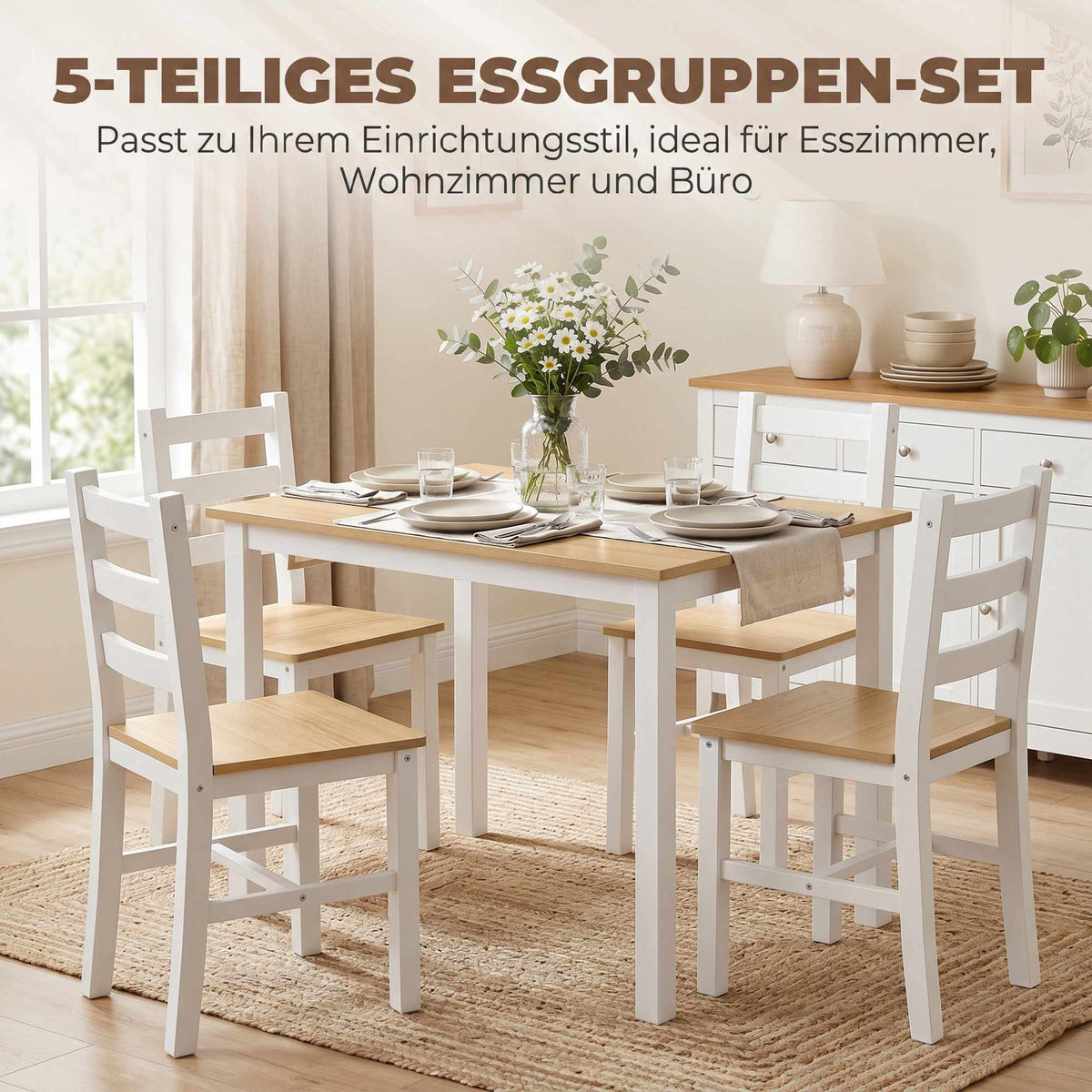 5-Piece Dining Set for 4, Solid Pine, Natural/White