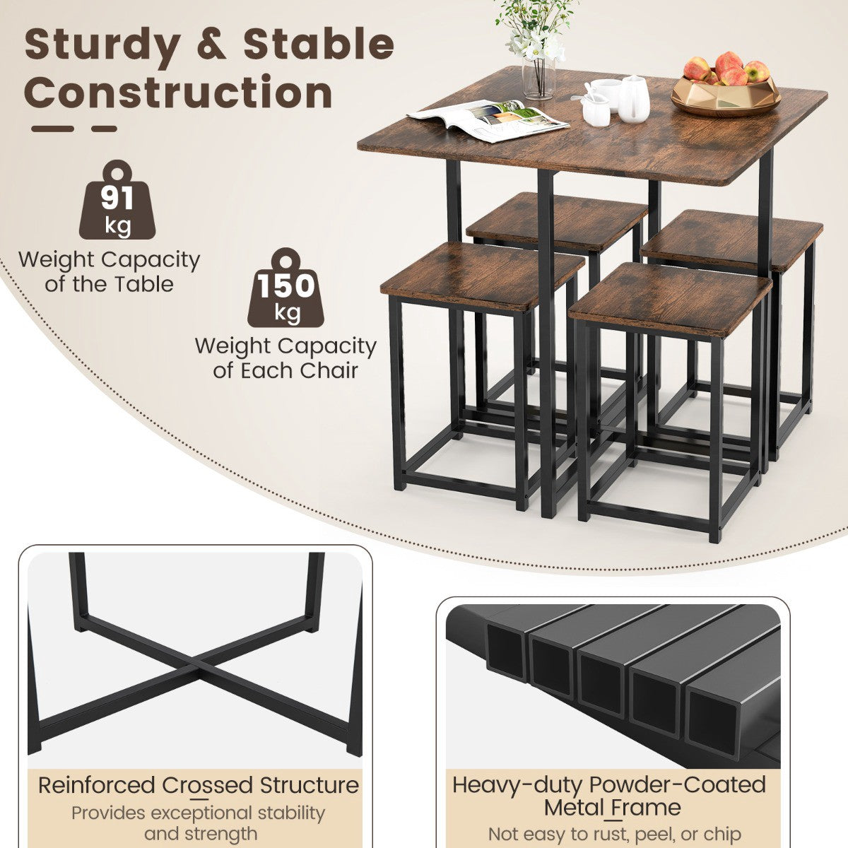 5-Piece Dining Table Set, 4 Stools, 80x80 cm, Rustic Brown