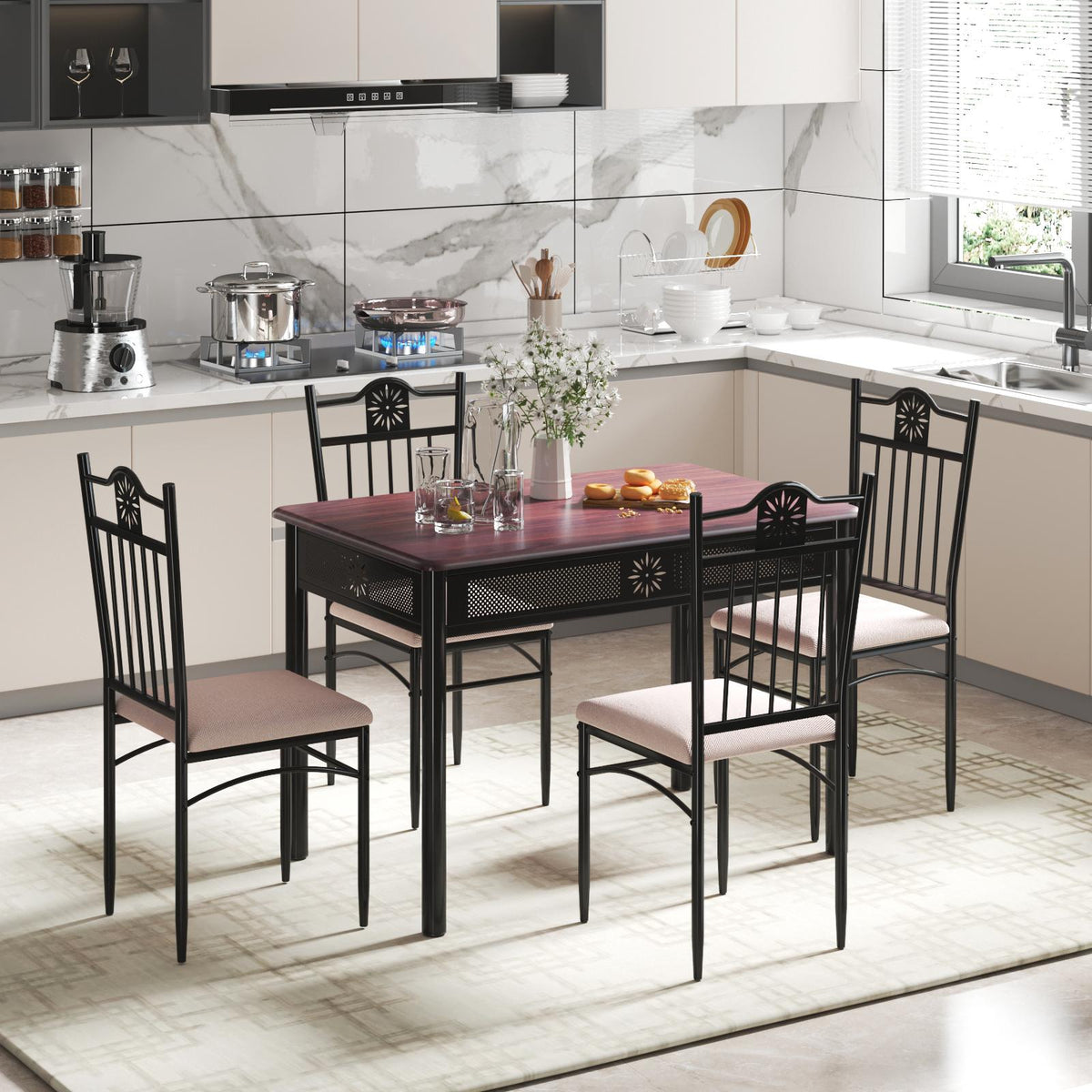 5-Piece Dining Table Set, MDF Table and 4 Cushioned Chairs
