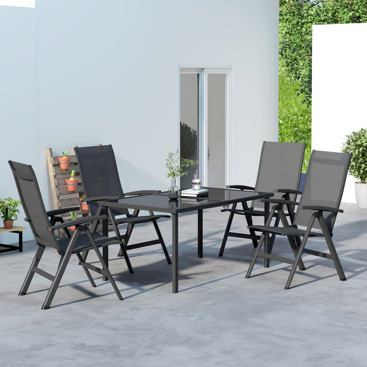5-Piece Garden Furniture Set, Seating Set Including 1 Dining Table, 4 Folding Chairs, Balcony Furniture Set, Garden Set, Mesh, Black