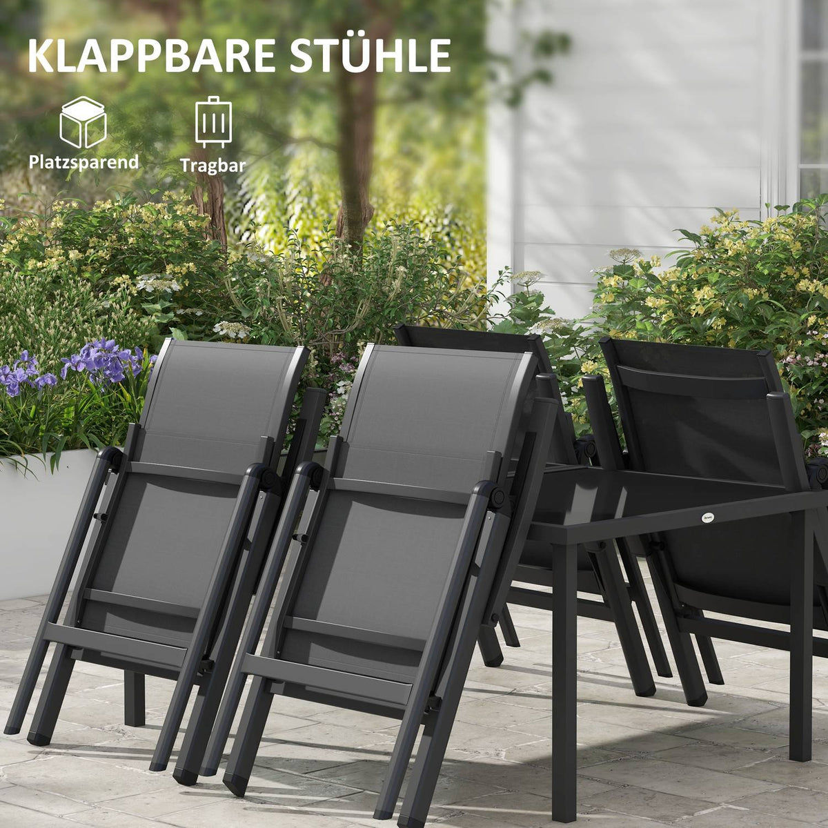 5-Piece Garden Furniture Set, Seating Set Including 1 Dining Table, 4 Folding Chairs, Balcony Furniture Set, Garden Set, Mesh, Black