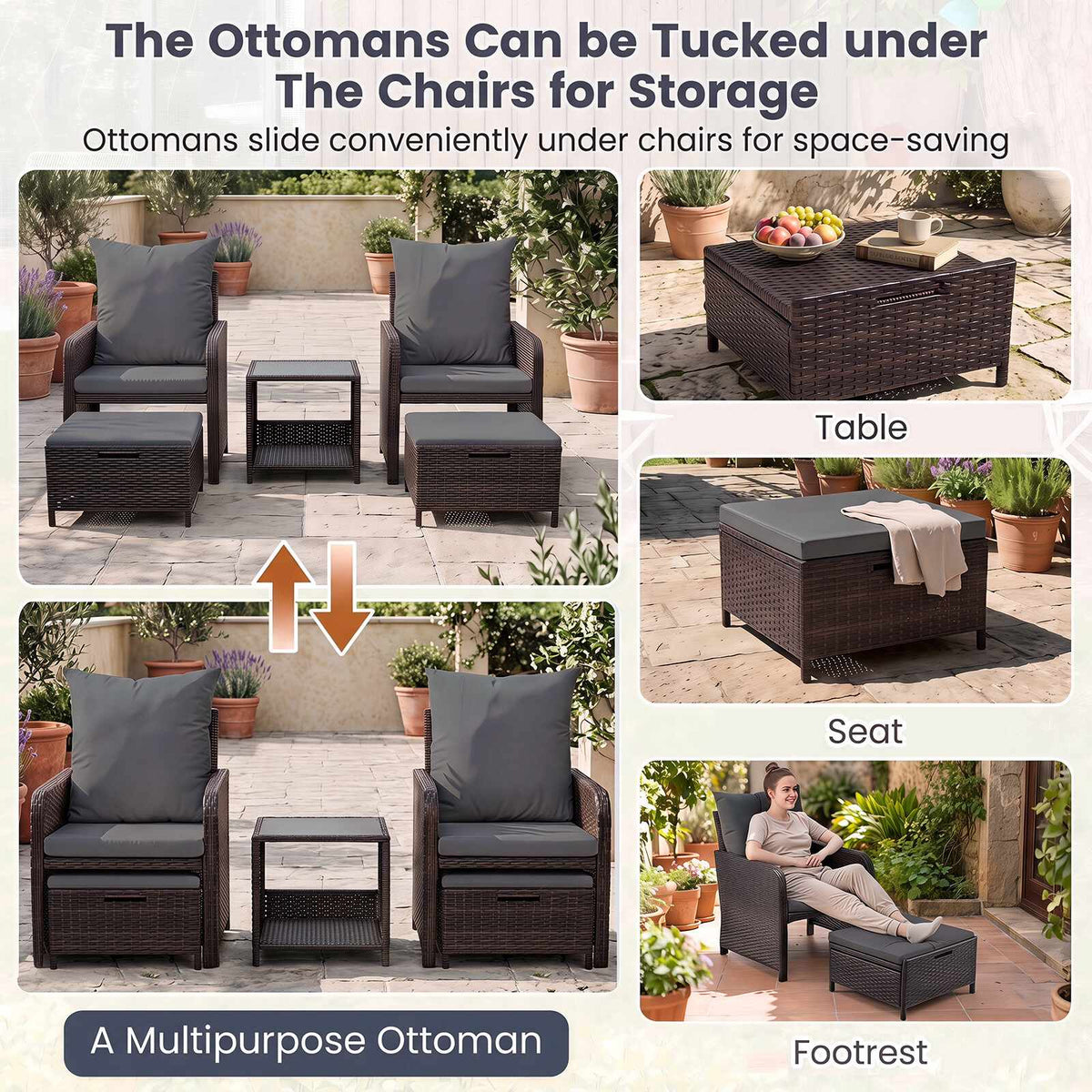 5-Piece Grey Polyrattan Garden Furniture Set with Cushions