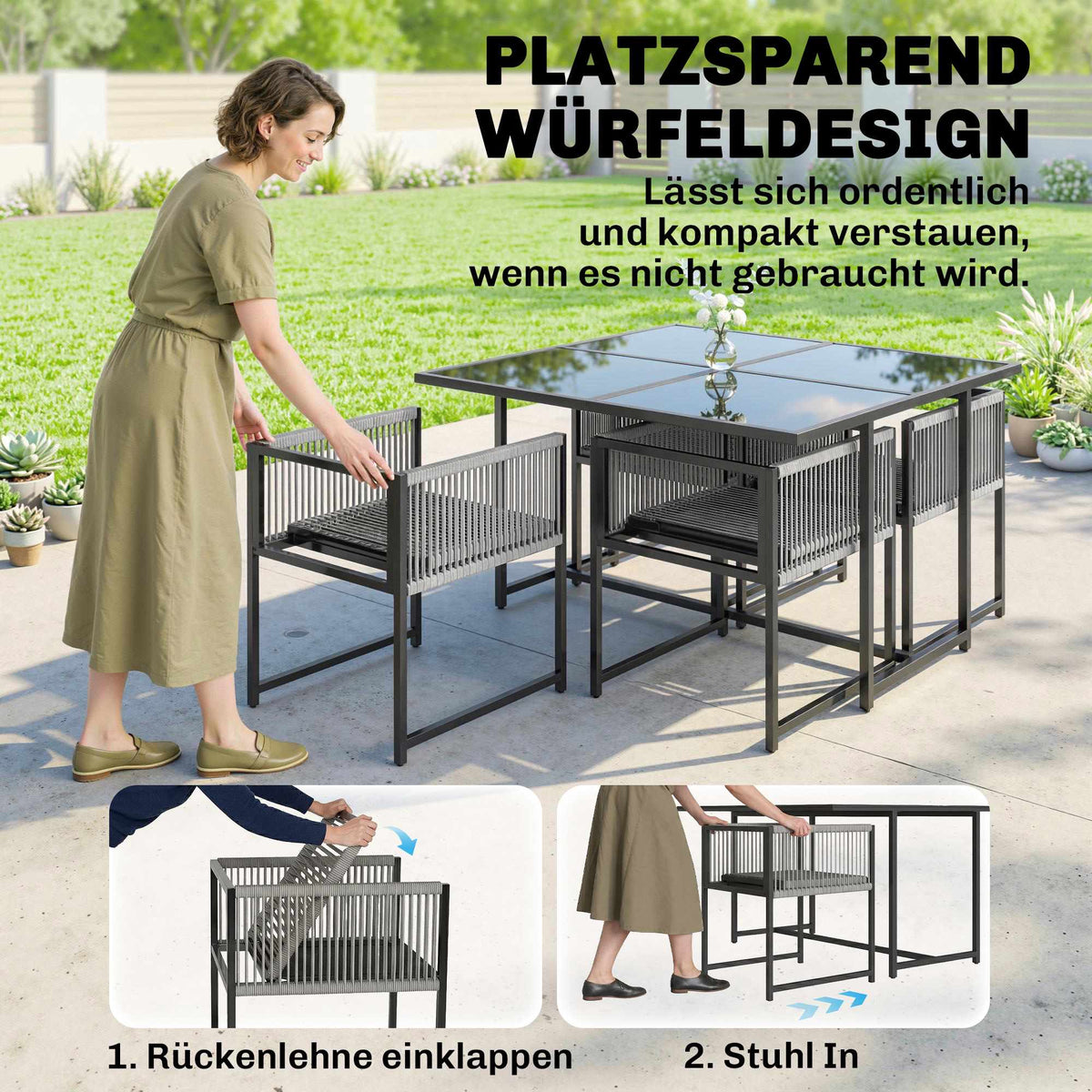 5-Piece Outdoor Dining Set with Glass Table and Folding Chairs