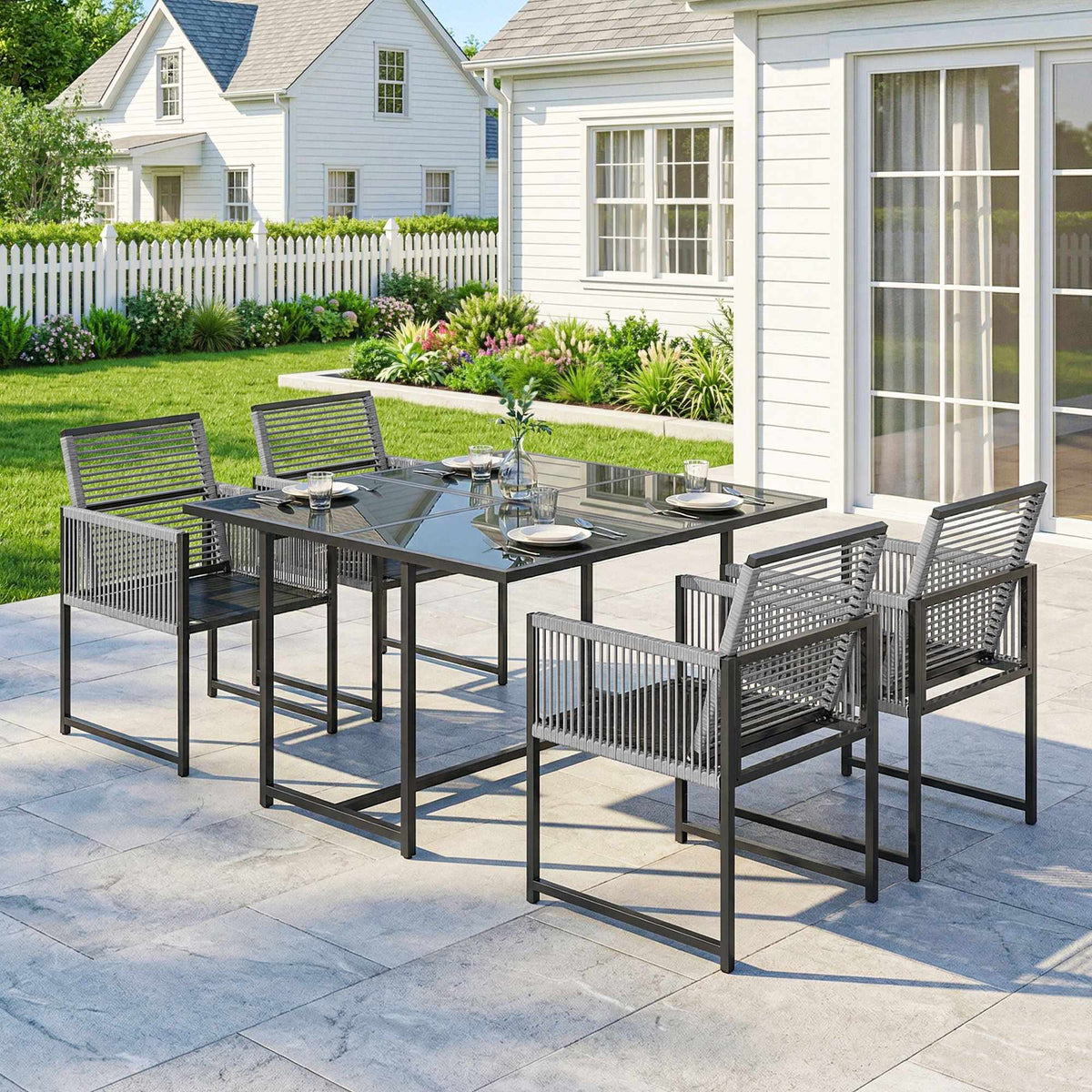 5-Piece Outdoor Dining Set with Glass Table and Folding Chairs