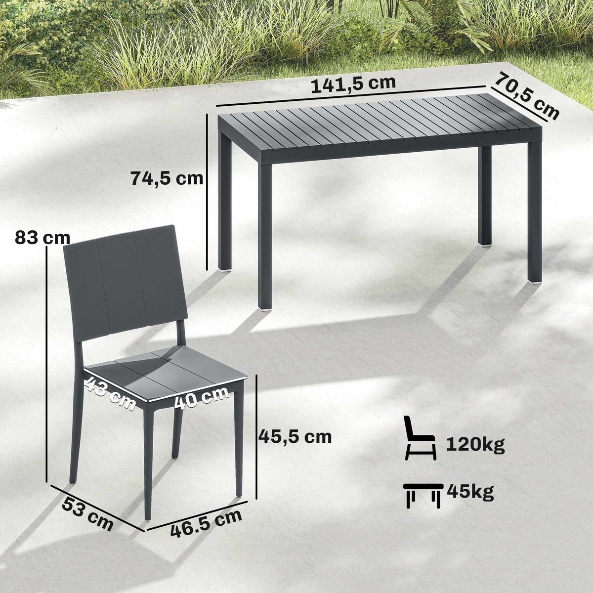5-Piece Outdoor Furniture Set with Stackable Chairs, Dark Grey
