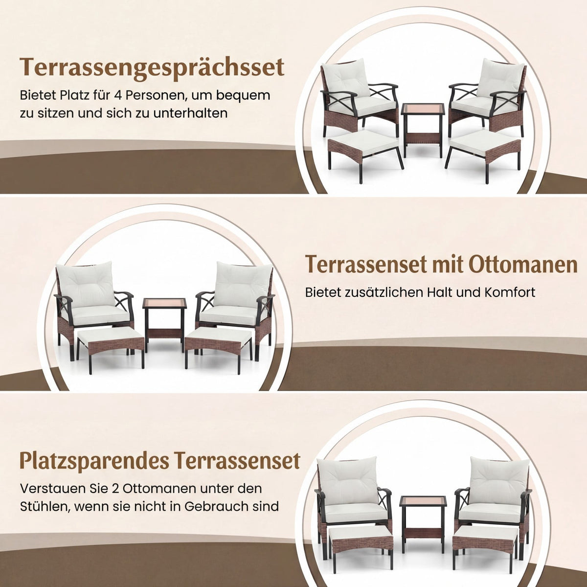 5-Piece Outdoor Rattan Patio Set with Ottomans, Beige
