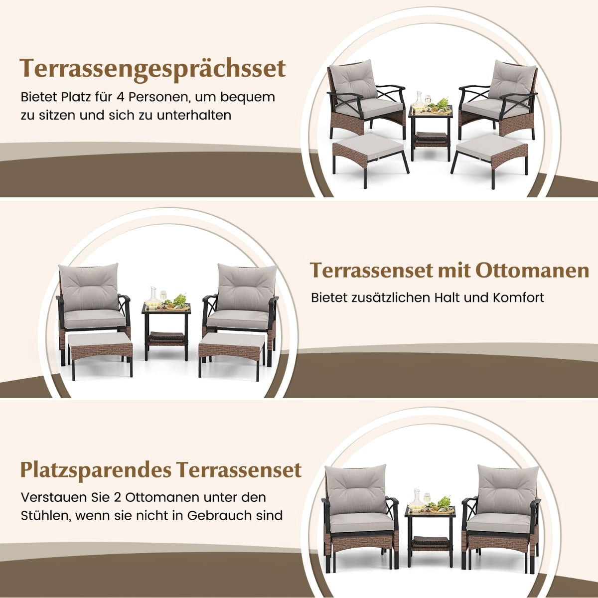 5-Piece PE Rattan Patio Set with Cushions, Table & Stools
