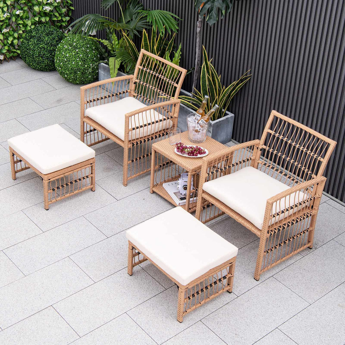 5-Piece Patio Wicker Sofa Set, Cushions, 2 Ottomans, Table