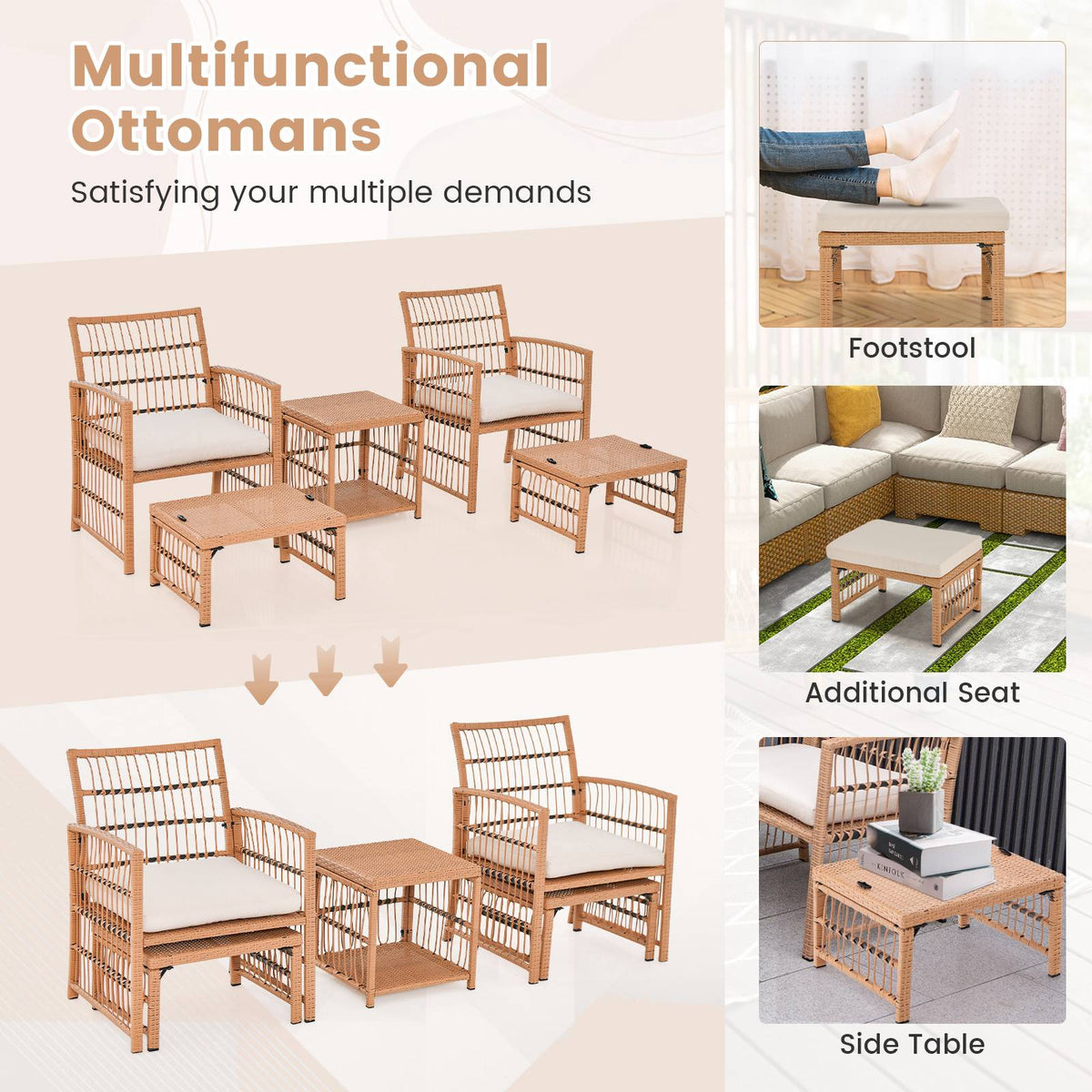 5-Piece Patio Wicker Sofa Set, Cushions, 2 Ottomans, Table