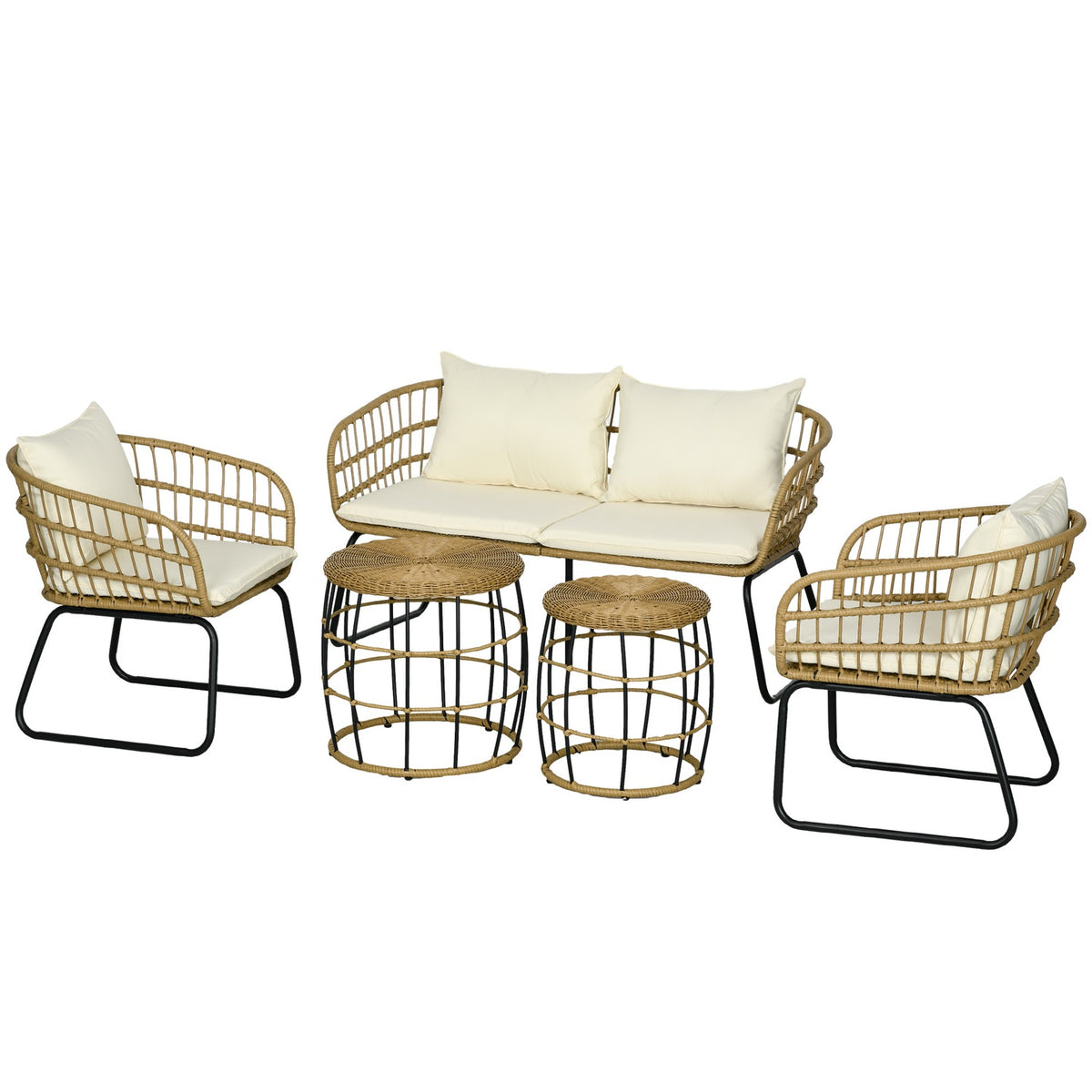 5-Piece Rattan Garden Furniture Set, Seating Area With Cushions, Garden Set With 2 Coffee Tables, 2 Armchairs, 1 Double Sofa, Seating Set, Steel, Beige