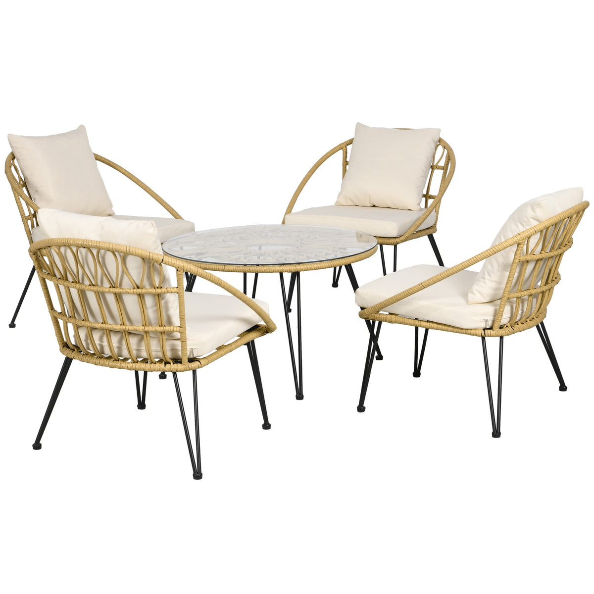 5-Piece Rattan Garden Furniture Set, Seating Set Including 1 Dining Table, 4 Chairs, Seating Set, Garden Set For Balcony, Terrace, Polyester, Beige
