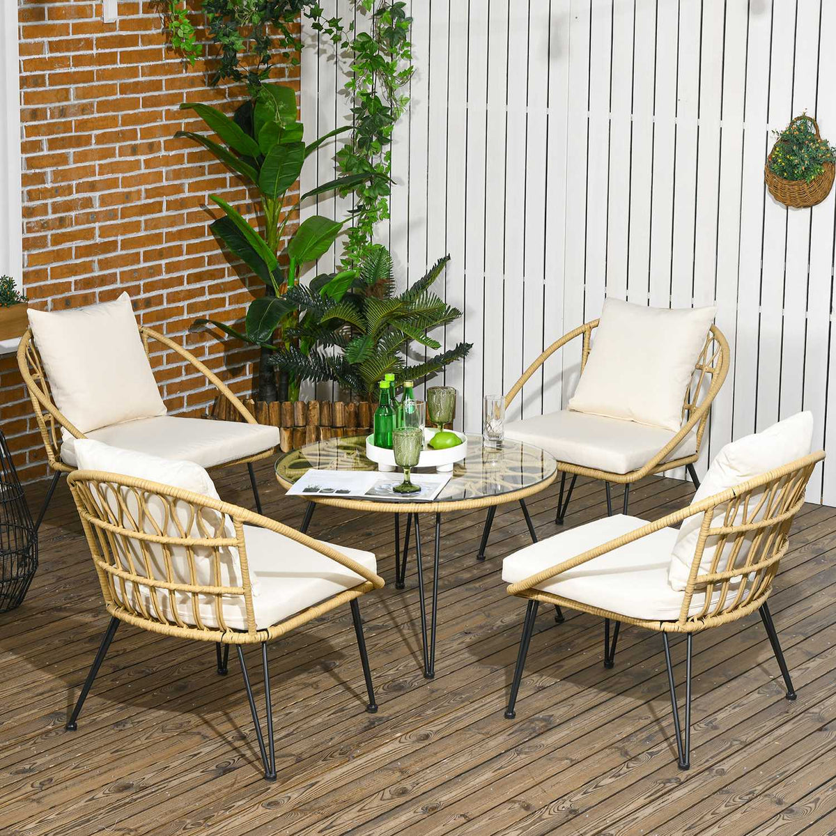 5-Piece Rattan Garden Furniture Set, Seating Set Including 1 Dining Table, 4 Chairs, Seating Set, Garden Set For Balcony, Terrace, Polyester, Beige