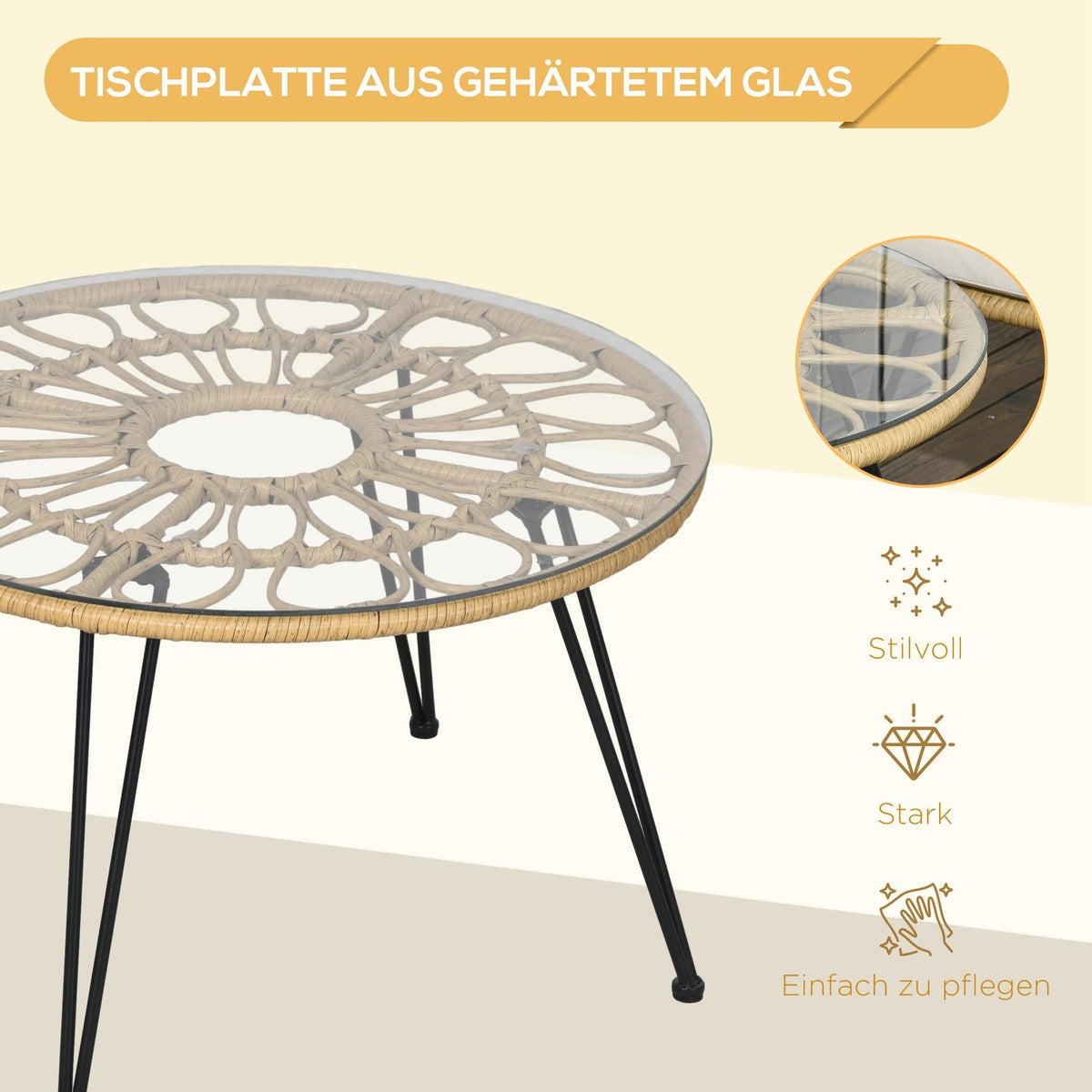 5-Piece Rattan Garden Furniture Set, Seating Set Including 1 Dining Table, 4 Chairs, Seating Set, Garden Set For Balcony, Terrace, Polyester, Beige