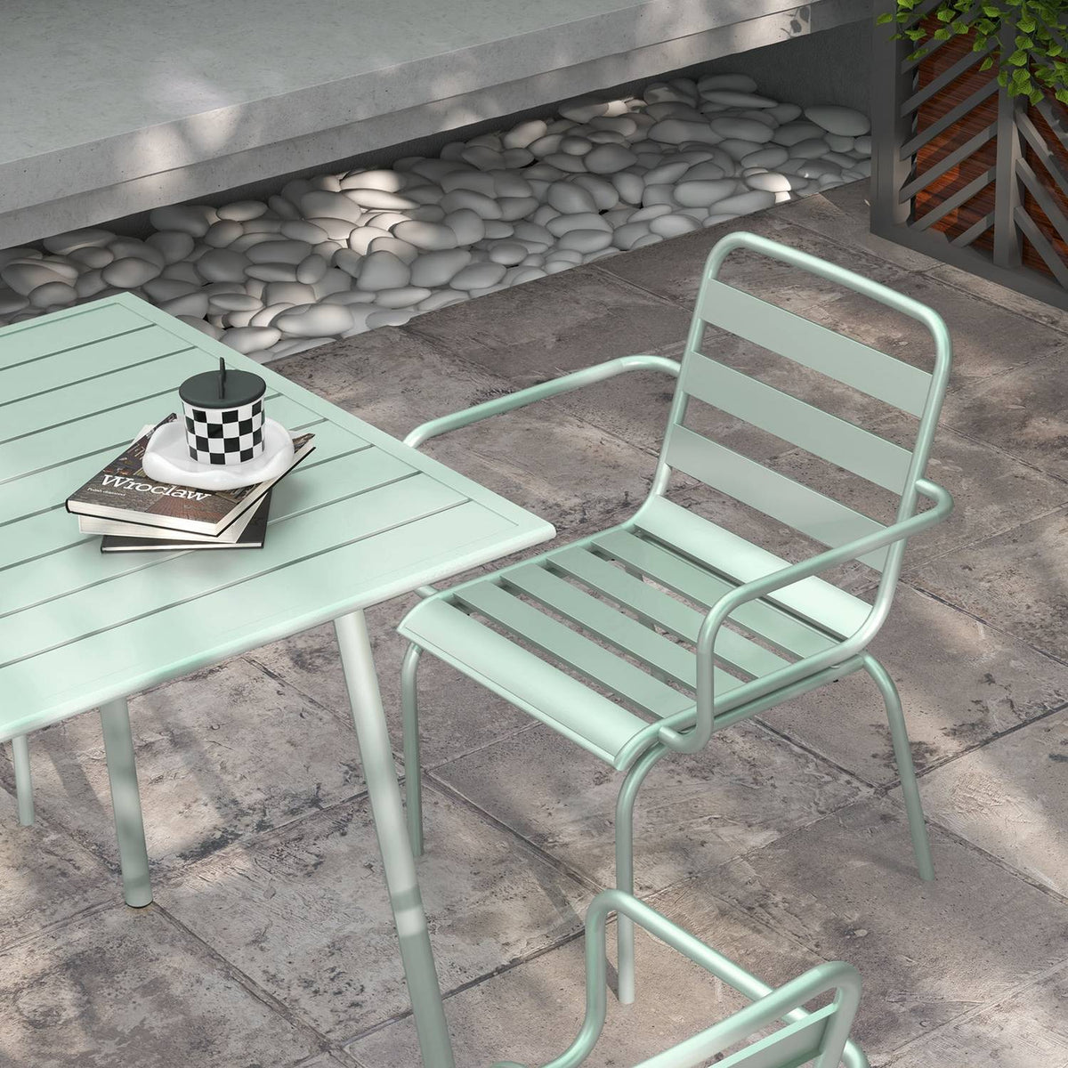 5-Piece Seating Group, Garden Furniture Set With 1 Dining Table, 4 Stackable Chairs, Garden Furniture, For Balcony, Terrace, Steel, Green