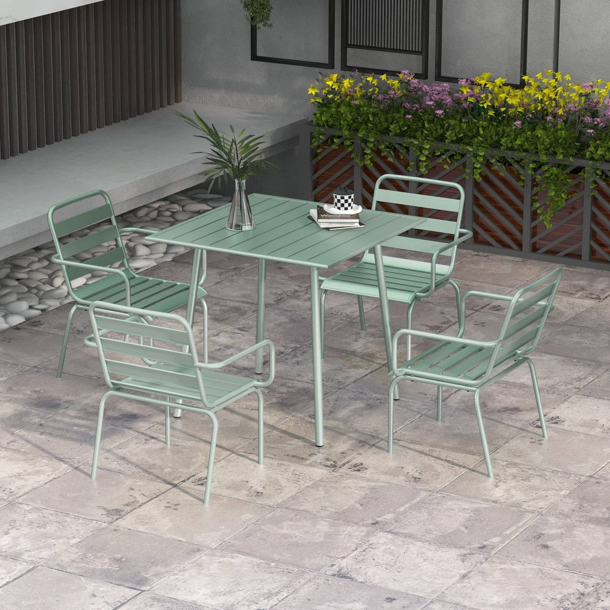 5-Piece Seating Group, Garden Furniture Set With 1 Dining Table, 4 Stackable Chairs, Garden Furniture, For Balcony, Terrace, Steel, Green