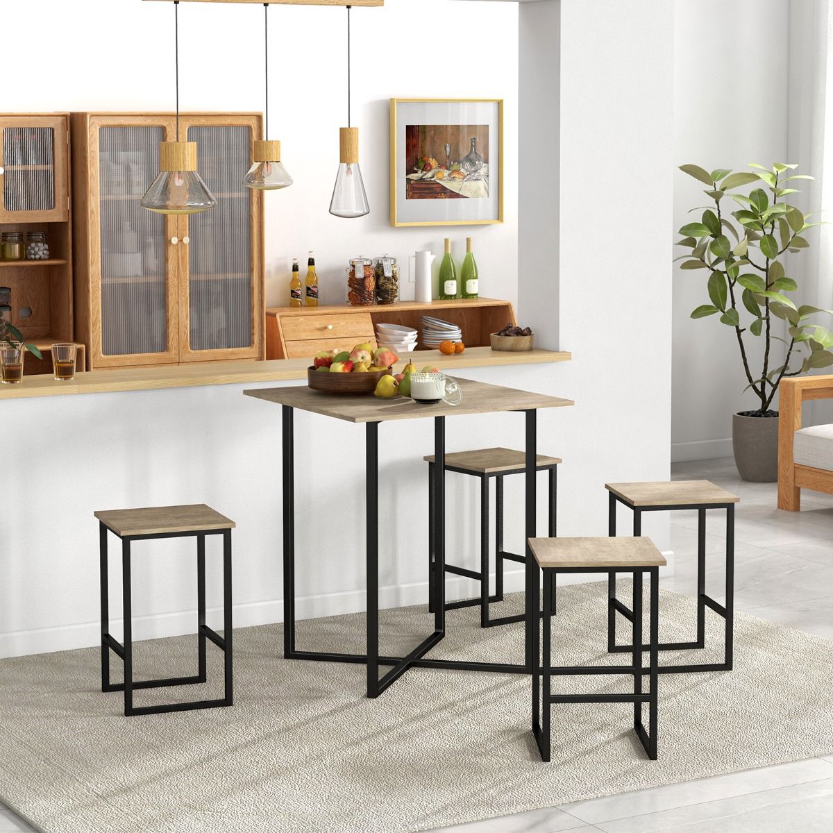 5-Piece Square Dining Table Set – 4 Stools, Bar Height