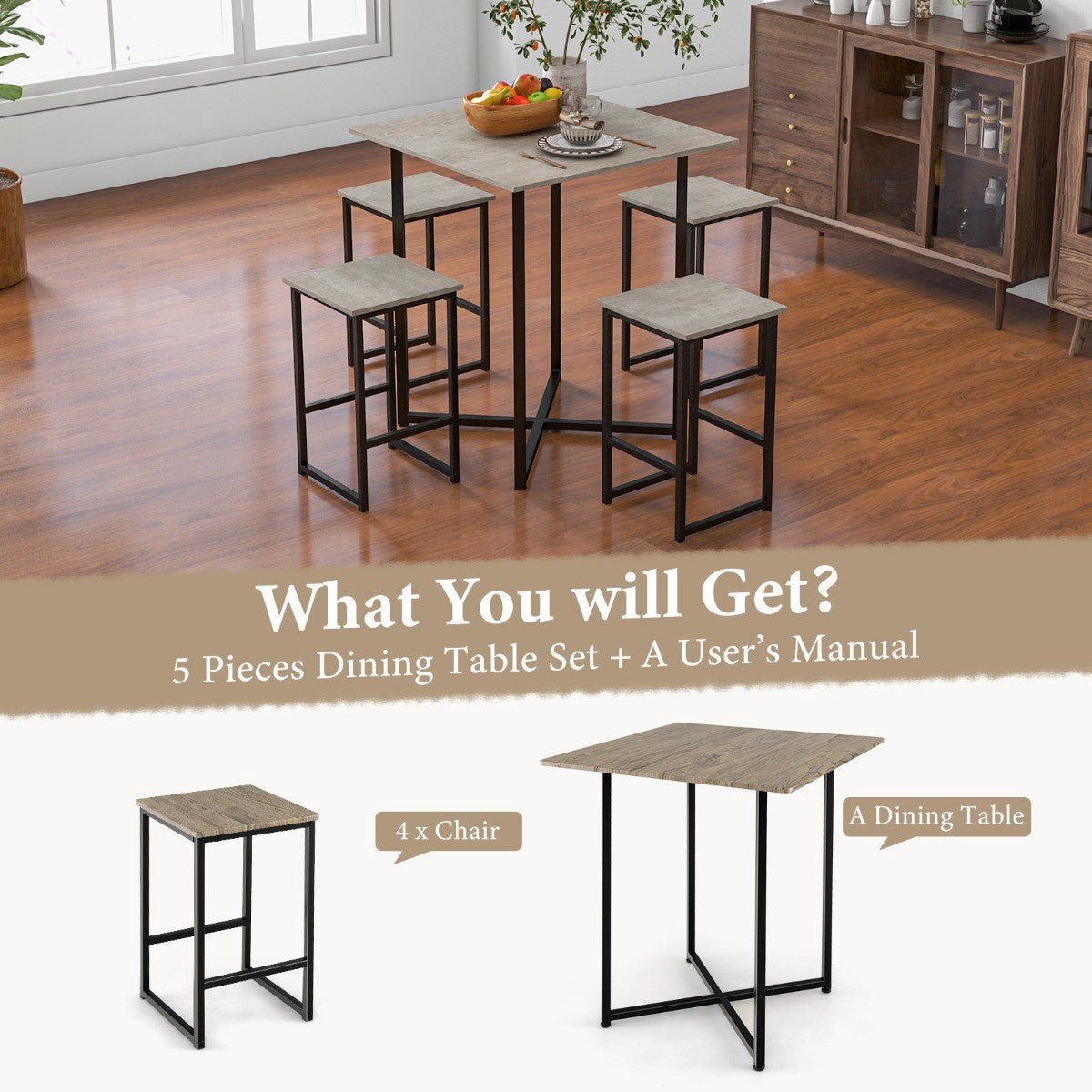 5-Piece Square Dining Table Set – 4 Stools, Bar Height