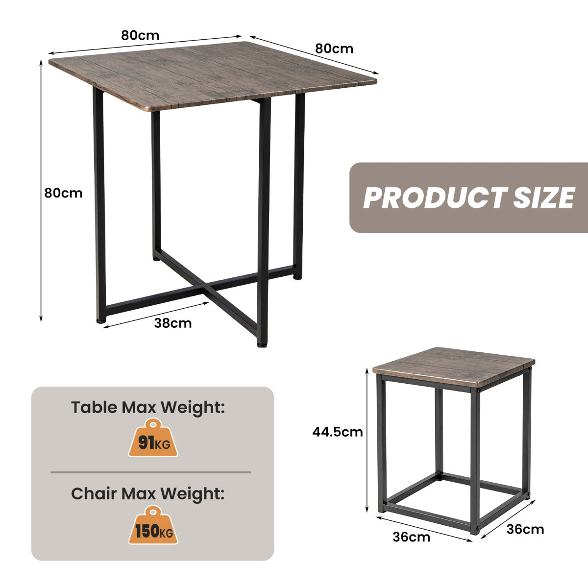 5-Piece Square Dining Table Set, 4 Stools, Gray