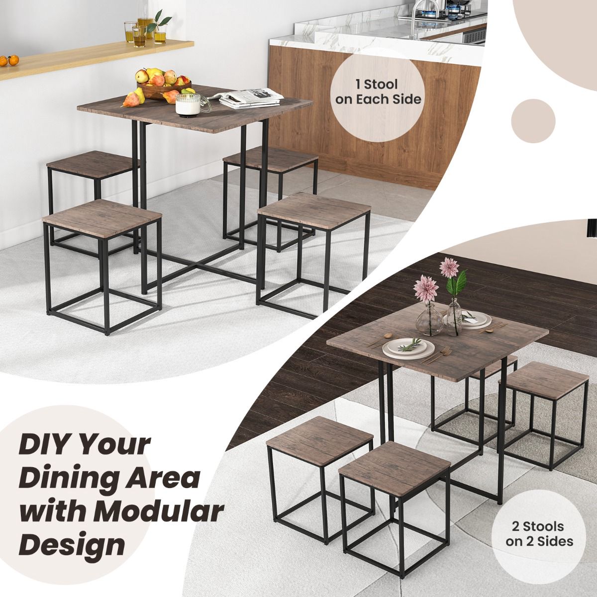 5-Piece Square Dining Table Set, 4 Stools, Gray