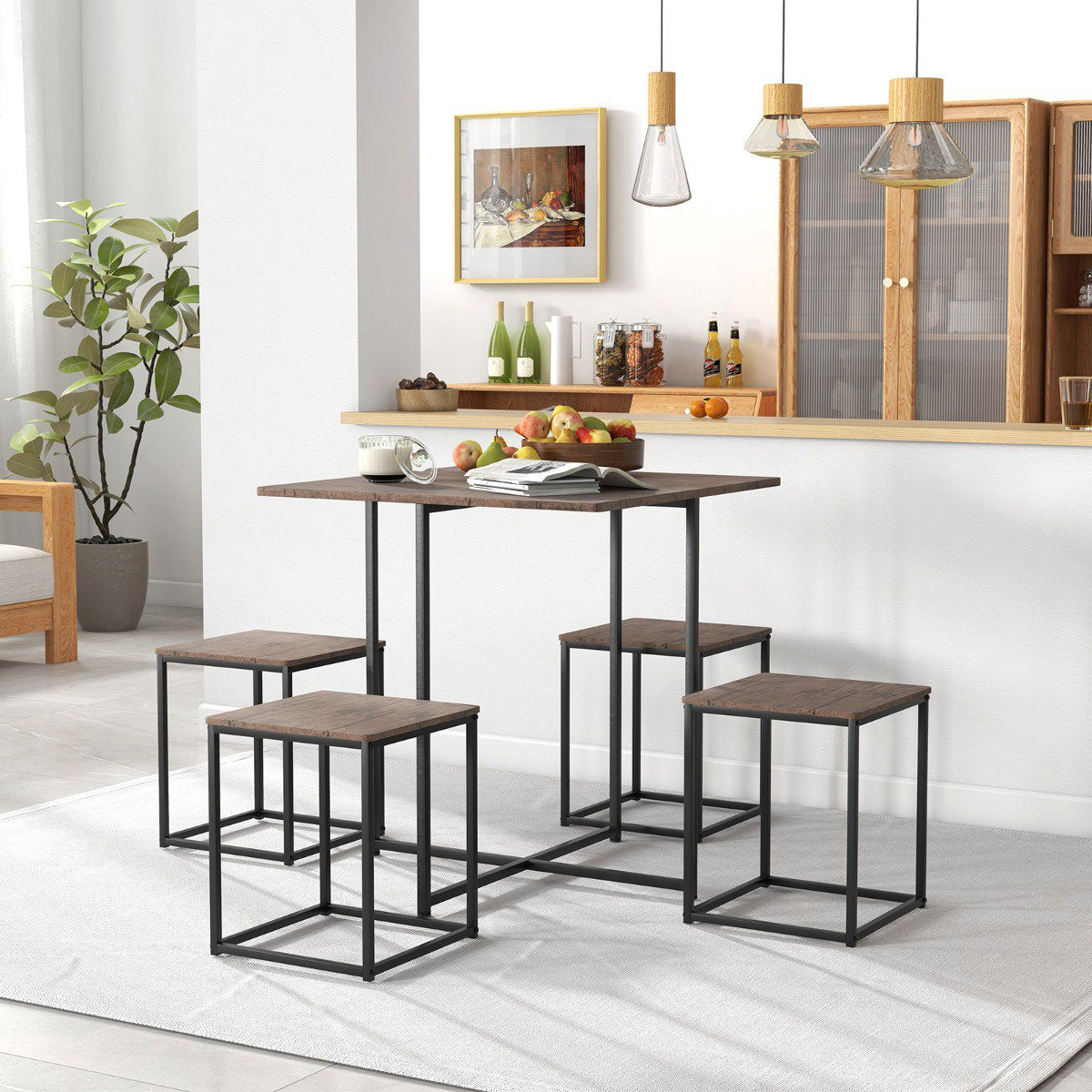5-Piece Square Dining Table Set, 4 Stools, Gray