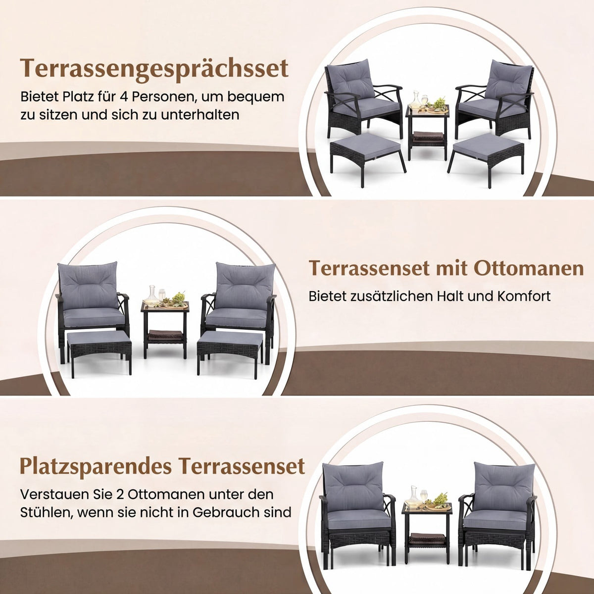 5-Piece Wicker Patio Set with Ottomans, Gray