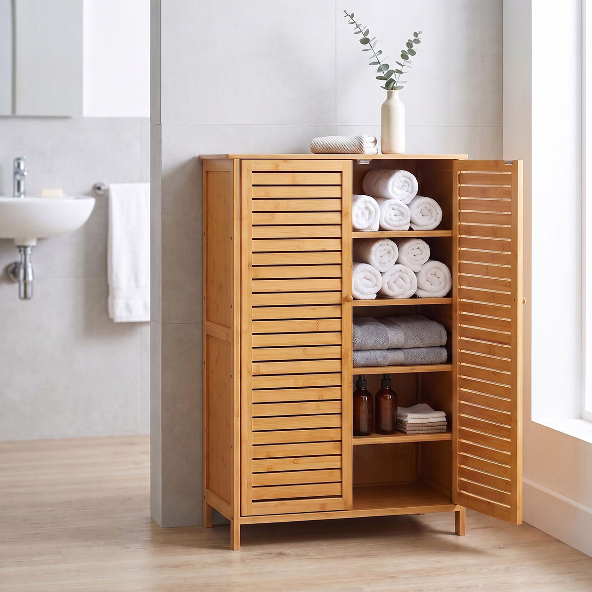 5-Shelf Bamboo Shoe Cabinet with Louvred Doors