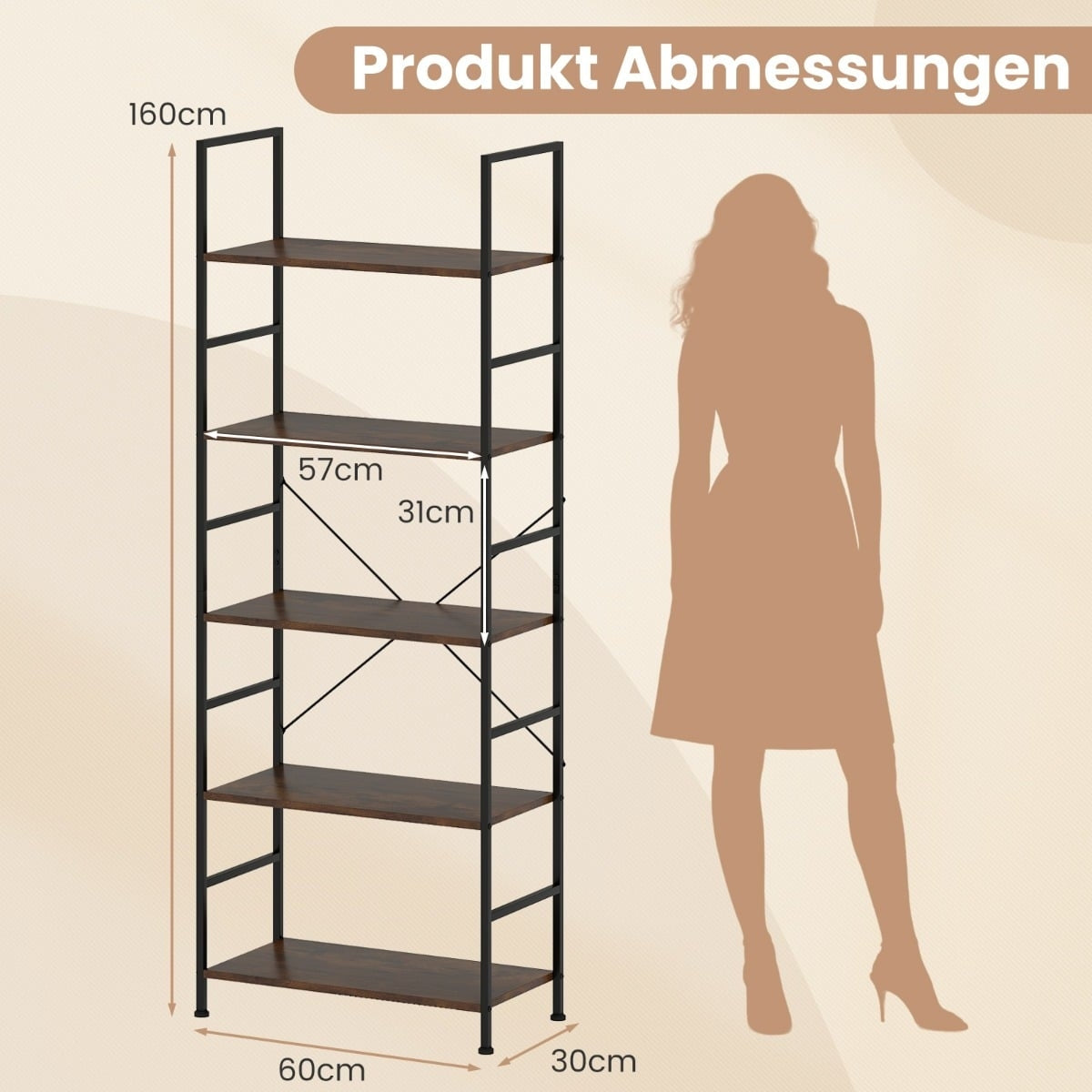 5-Tier Bookshelf, 160 cm, Rustic Brown, Metal Frame