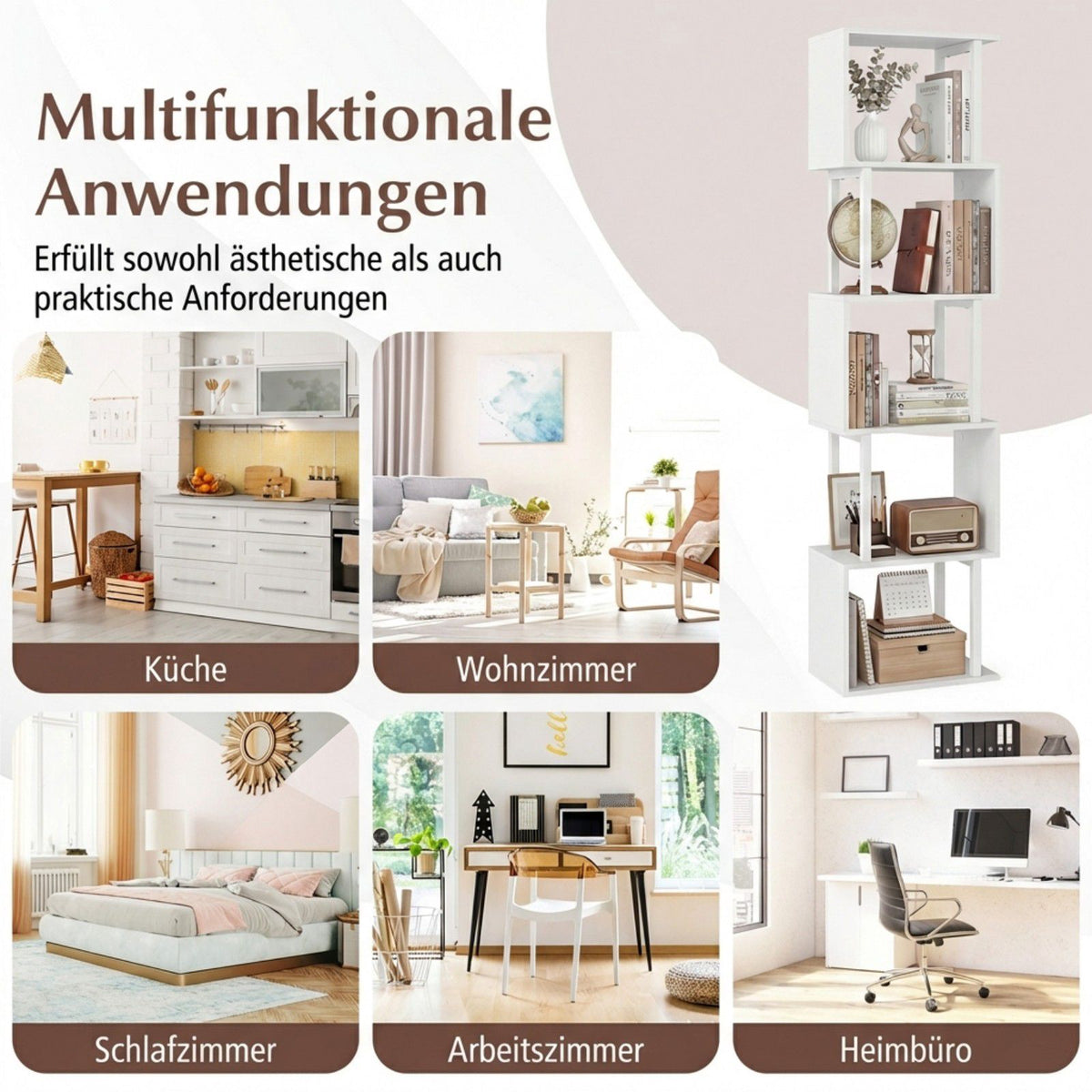 5-Tier Bookshelf with Metal Frame and Anti-Tip, White