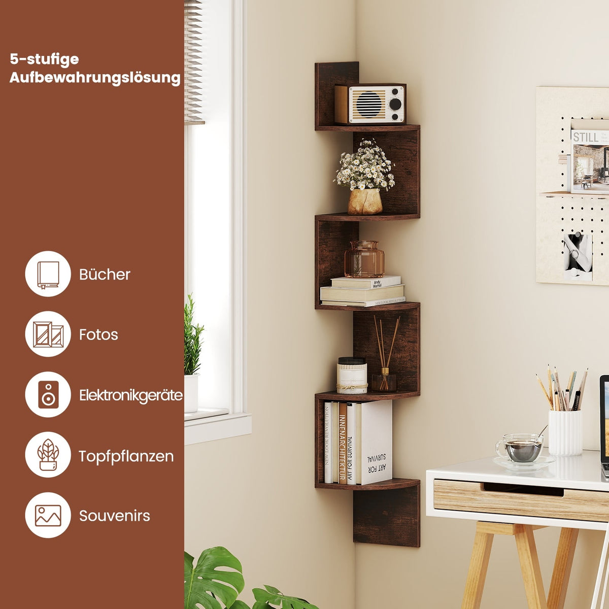 5-Tier Corner Wall Shelf, Floating Design, Rustic Brown
