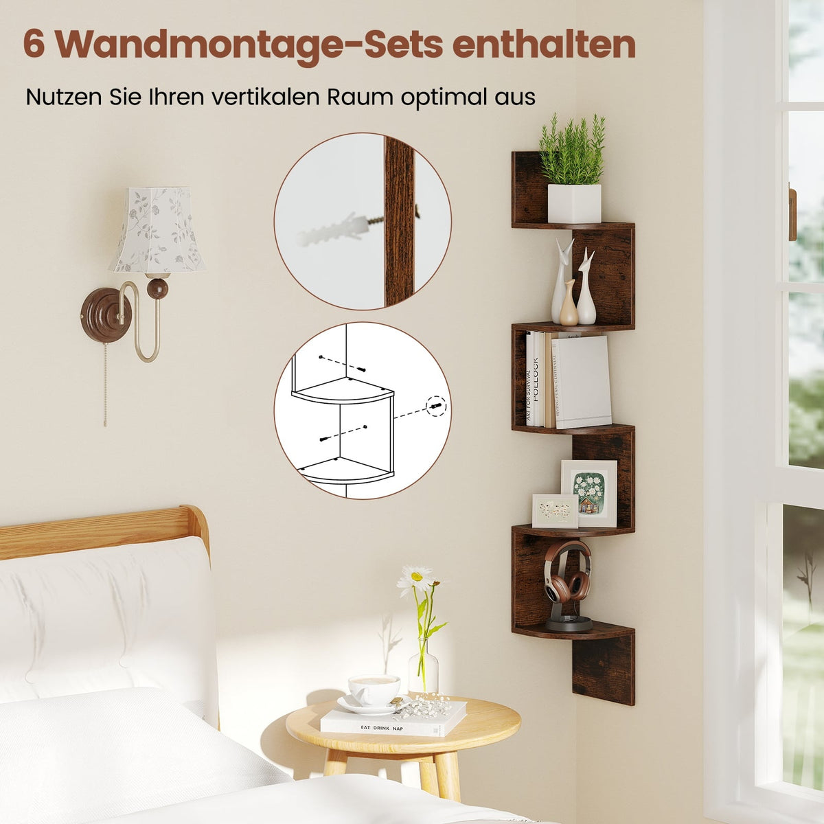 5-Tier Corner Wall Shelf, Floating Design, Rustic Brown