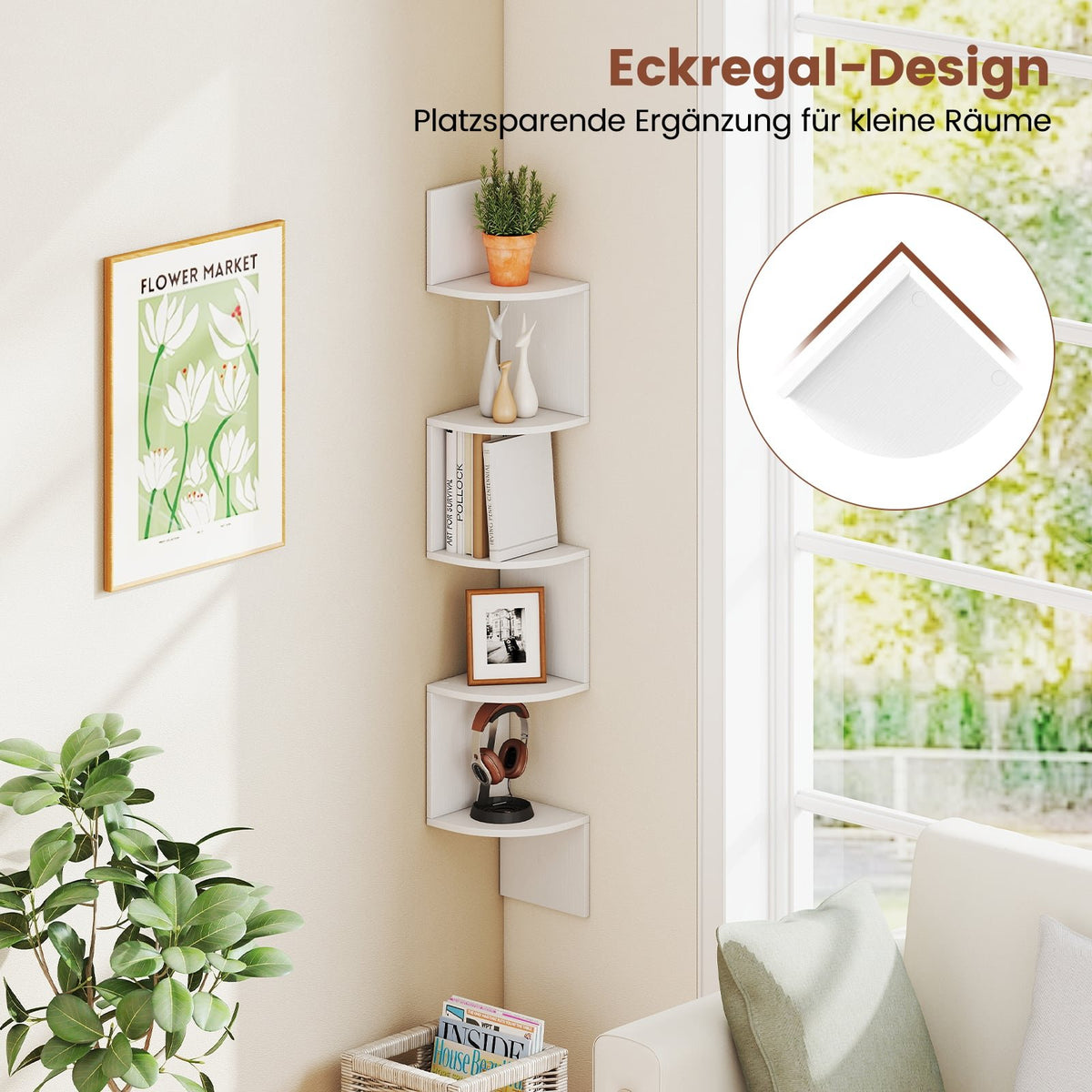 5-Tier Corner Wall Shelf, Floating White Bookshelf