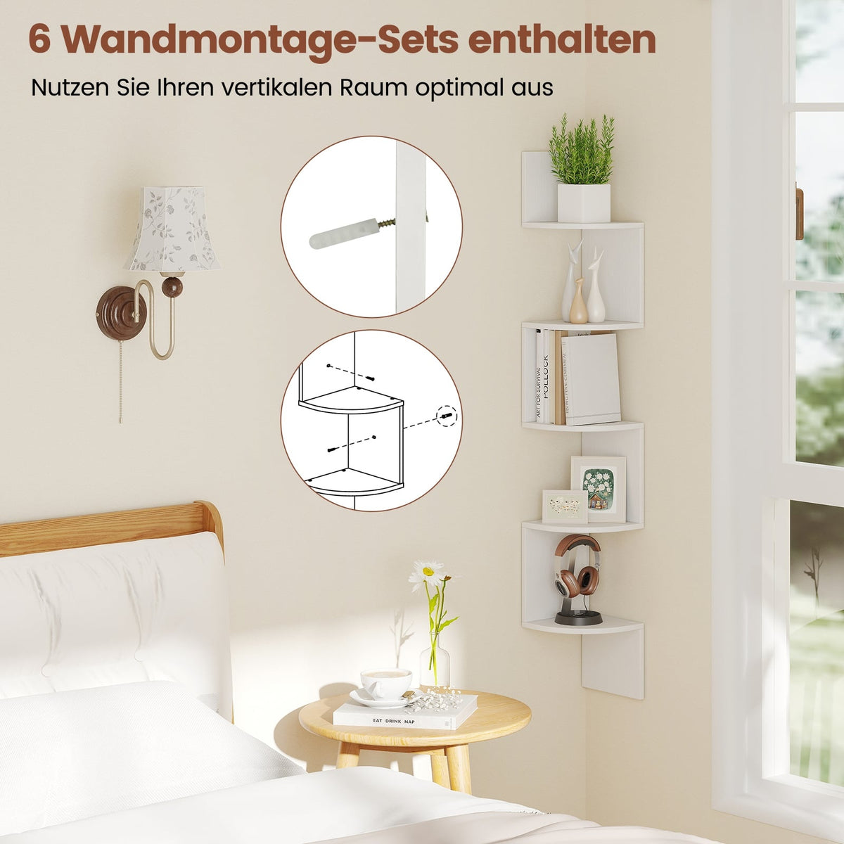 5-Tier Corner Wall Shelf, Floating White Bookshelf