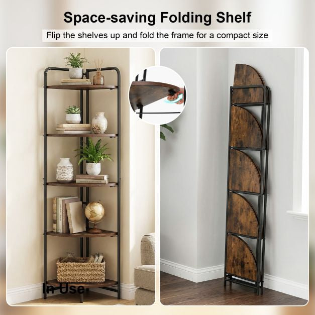 5-Tier Folding Corner Shelf, Metal Frame, Rustic Brown