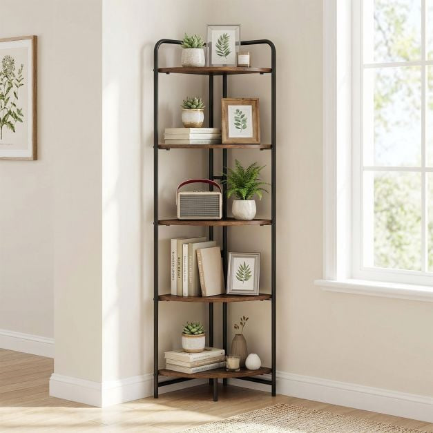 5-Tier Folding Corner Shelf, Metal Frame, Rustic Brown