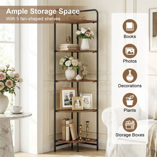5-Tier Folding Corner Shelf, Metal Frame, Rustic Brown