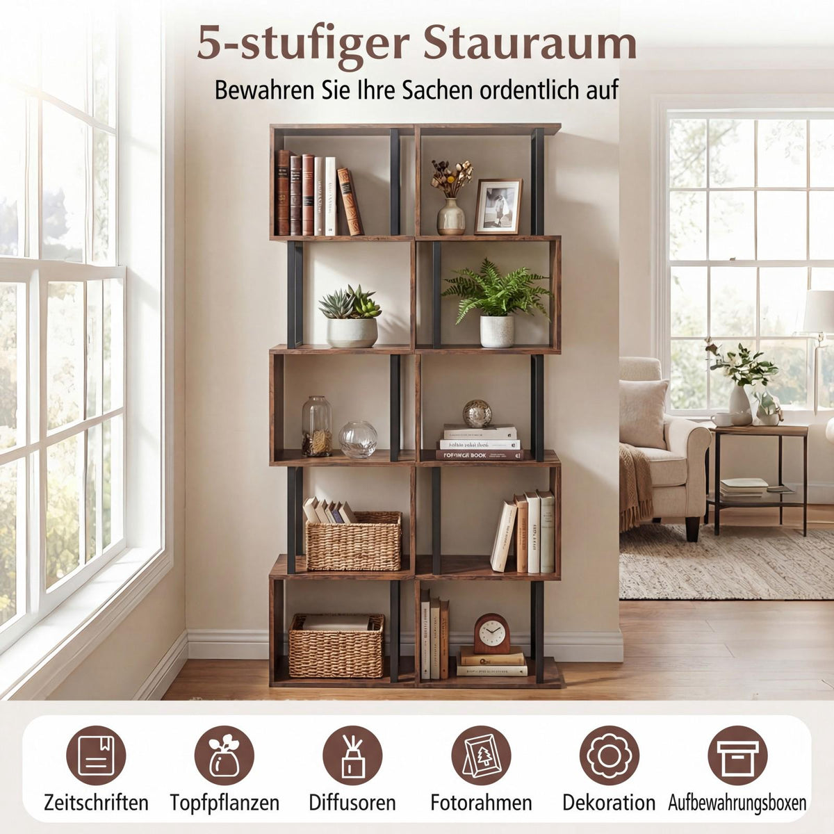 5-Tier Geometric Bookshelf with Anti-Tip, Rustic Brown
